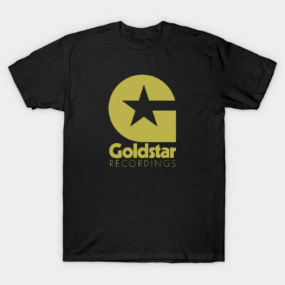 Black t-shirt with Goldstar Recordings logo in yellow, casual style, ideal for music enthusiasts, cotton material.