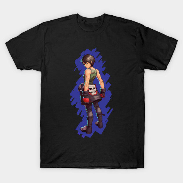 Black t-shirt featuring a colorful graphic of a character in a dynamic pose, ideal for casual wear or gaming fans.