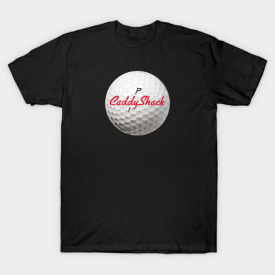 Black CaddyShack T-shirt featuring golf ball graphic, casual style, cotton material, perfect for golf enthusiasts.