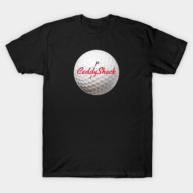 Black CaddyShack T-shirt featuring golf ball graphic, casual style, cotton material, perfect for golf enthusiasts.
