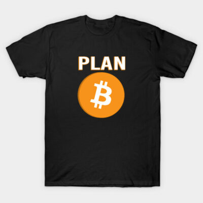Black Bitcoin-themed t-shirt with "PLAN" text, featuring orange Bitcoin logo. Ideal for casual wear and cryptocurrency enthusiasts.