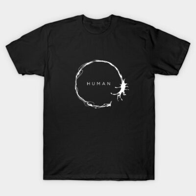Black T-shirt with circular white graphic and "Human" text, casual cotton style for everyday wear.