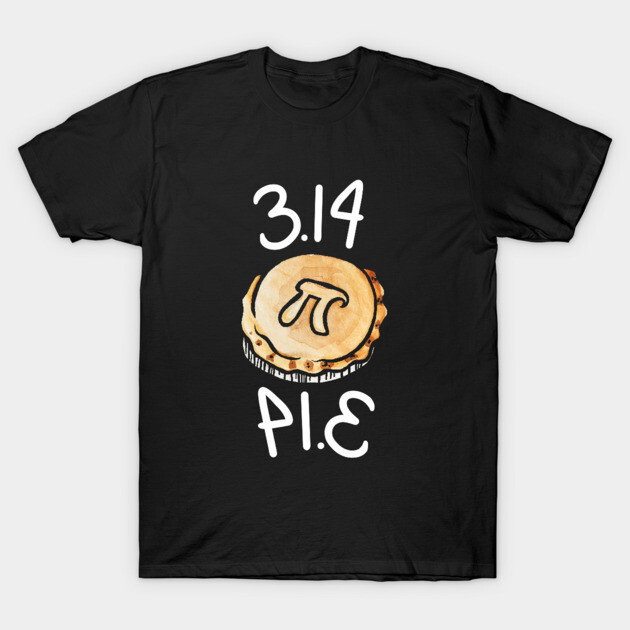 Black t-shirt with "3.14 Pi" pie graphic design, casual style, cotton material, perfect for math enthusiasts.