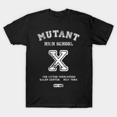 Black "Mutant High School" graphic tee, vintage style, white text, casual wear, cotton material, unisex design.