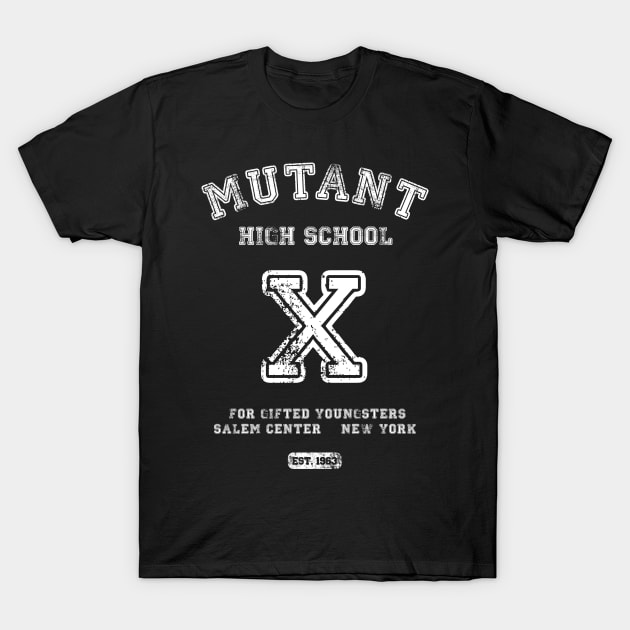 Black "Mutant High School" graphic tee, vintage style, white text, casual wear, cotton material, unisex design.