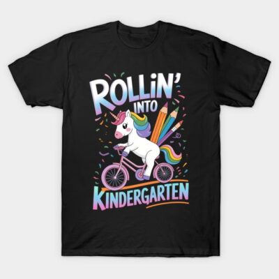 Black t-shirt with colorful unicorn design, "Rollin' Into Kindergarten" text, ideal for kids' school wear.