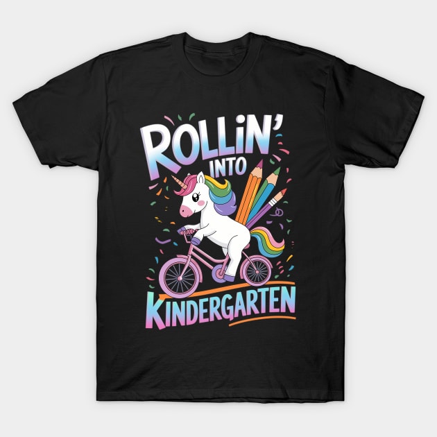 Black t-shirt with colorful unicorn design, "Rollin' Into Kindergarten" text, ideal for kids' school wear.