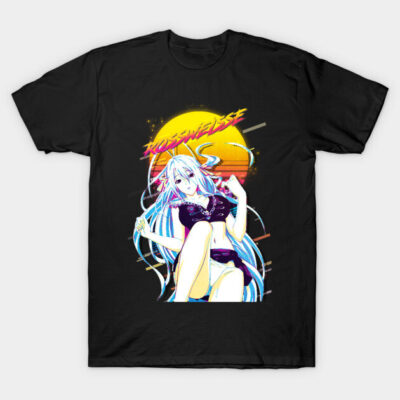 Black graphic T-shirt with vibrant anime-inspired design, featuring colorful sunset background, casual streetwear style.