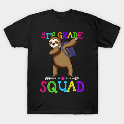 Black t-shirt with colorful "5th Grade Squad" text and dabbing sloth graphic, perfect for school events.