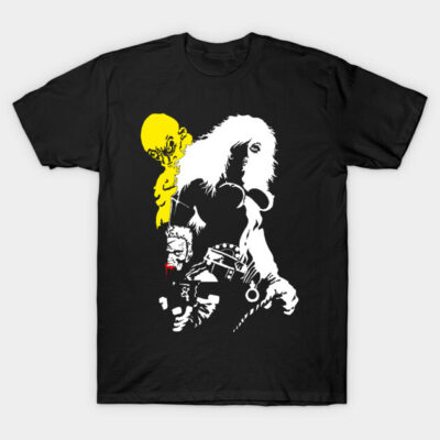 Black t-shirt with bold graphic print in yellow and white, featuring abstract design. Casual style, cotton material.