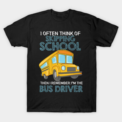 Black T-shirt with yellow school bus graphic and humorous text, ideal for casual wear or gifts. Cotton material.