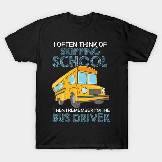 Black T-shirt with yellow school bus graphic and humorous text, ideal for casual wear or gifts. Cotton material.