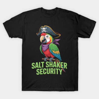 Black T-shirt with colorful parrot and pirate theme graphic, text "Salt Shaker Security," casual style, cotton material.