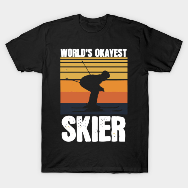 Black "World's Okayest Skier" T-shirt, retro design, skiing graphic, casual wear, soft cotton material.