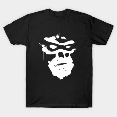 Black graphic t-shirt featuring abstract white face design, casual style, cotton material, unisex for everyday wear.