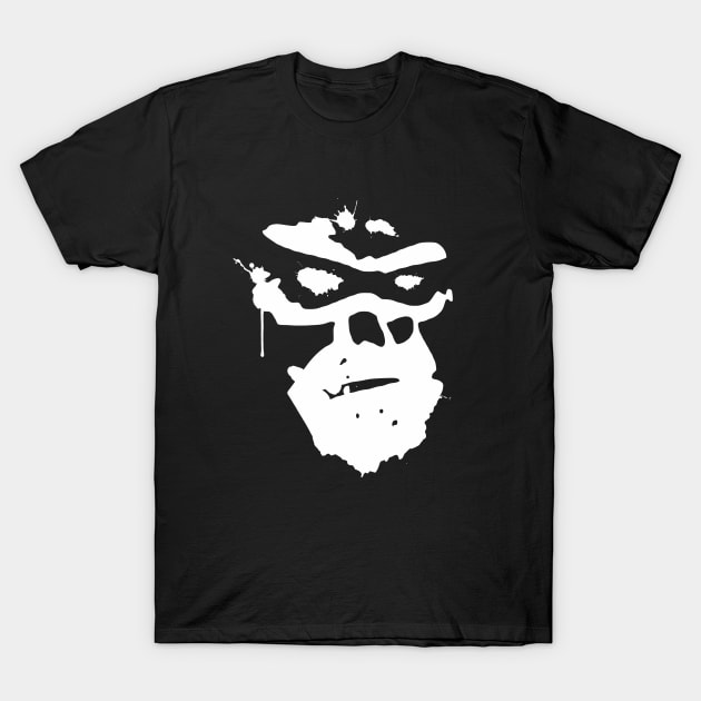 Black graphic t-shirt featuring abstract white face design, casual style, cotton material, unisex for everyday wear.