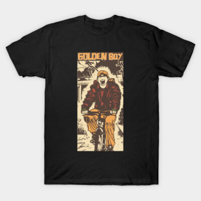 Black "Golden Boy" graphic t-shirt featuring a cyclist, casual style, cotton material, suitable for everyday wear.