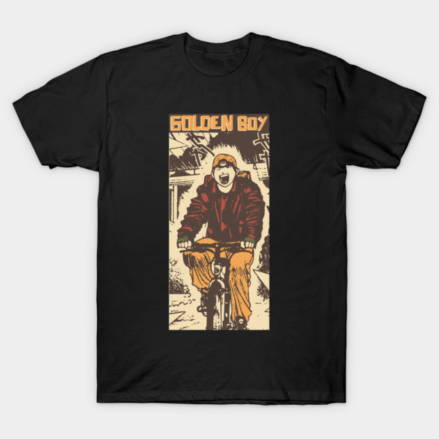 golden boy T-Shirt 1 Black "Golden Boy" graphic t-shirt featuring a cyclist, casual style, cotton material, suitable for everyday wear.
