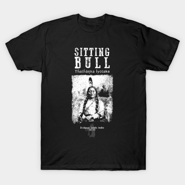 "Black graphic t-shirt featuring Sitting Bull design, casual wear, 100% cotton, ideal for history enthusiasts."