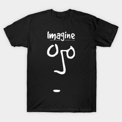 Black cotton T-shirt with abstract face design and "Imagine" text, casual style, ideal for everyday wear.