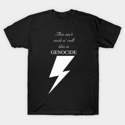Black t-shirt with bold white lightning bolt and text, cotton material, casual wear, unisex style.