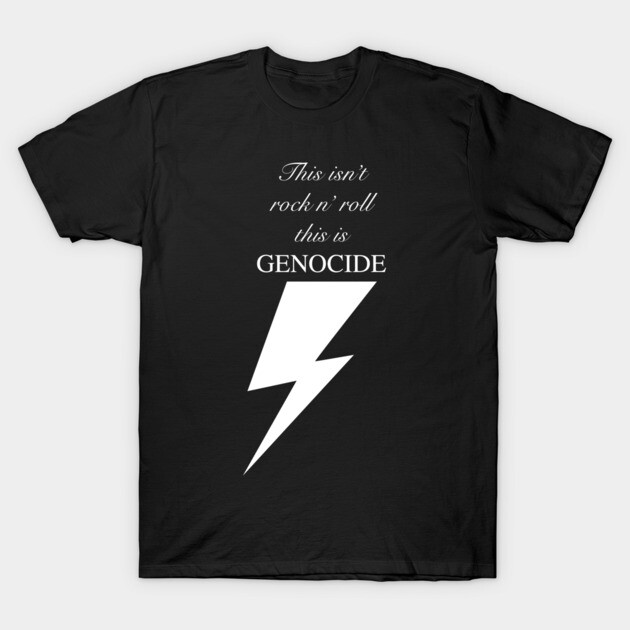 Black t-shirt with bold white lightning bolt and text, cotton material, casual wear, unisex style.