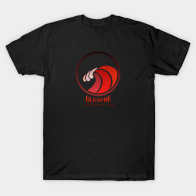 Black cotton T-shirt with red wave graphic, text "GLENCOE MARCHING TIDE," casual style, suitable for everyday wear.