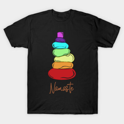 Black T-shirt with colorful stacked stones and "Namaste" text, perfect for yoga enthusiasts, comfortable cotton fabric.