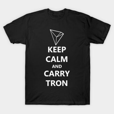 Black "Keep Calm and Carry Tron" T-shirt, casual style, white text graphic, unisex cotton tee for everyday wear.