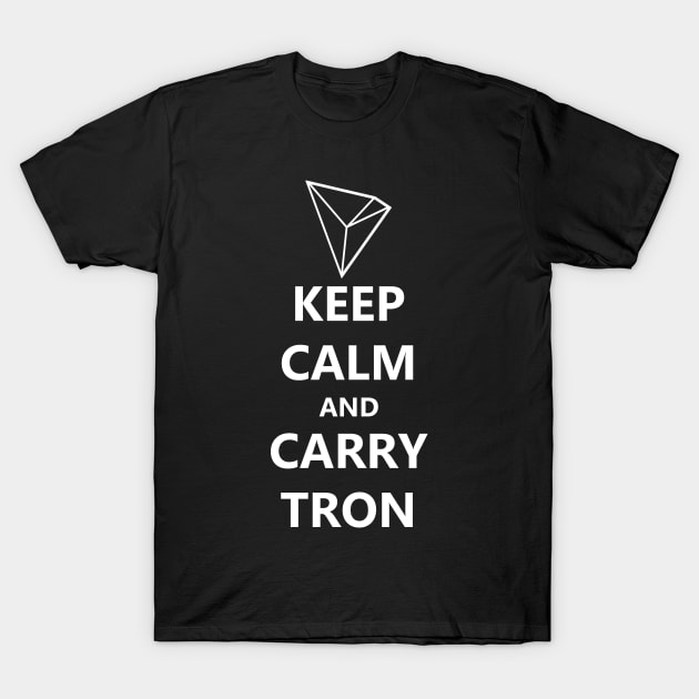 Black "Keep Calm and Carry Tron" T-shirt, casual style, white text graphic, unisex cotton tee for everyday wear.