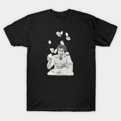 Black t-shirt with playful graphic design, casual unisex style, suitable for everyday wear, soft cotton material.