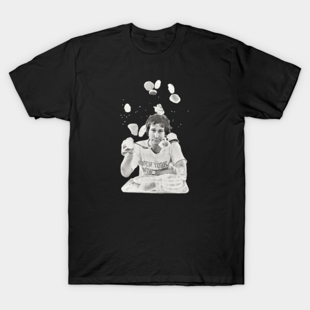 Black t-shirt with playful graphic design, casual unisex style, suitable for everyday wear, soft cotton material.