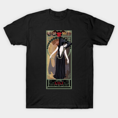 Black graphic t-shirt featuring an art nouveau style design with mystical elements, ideal for casual wear.