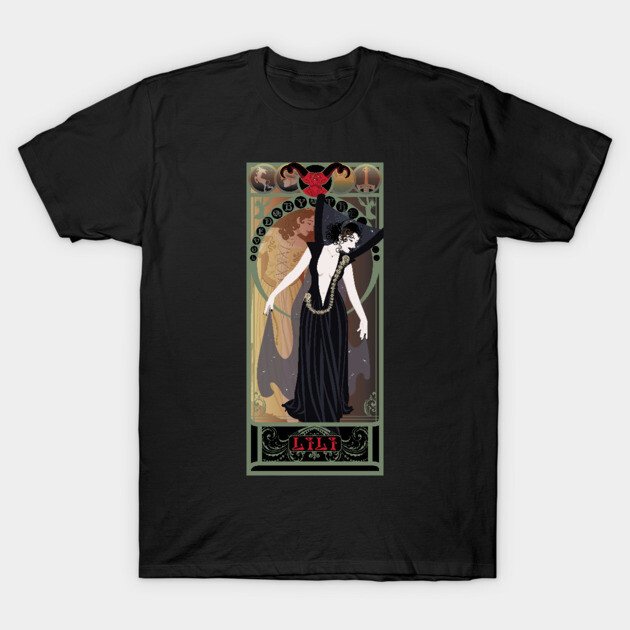 Black graphic t-shirt featuring an art nouveau style design with mystical elements, ideal for casual wear.