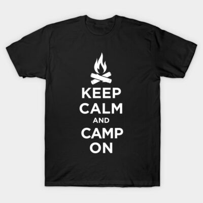 Black T-shirt with "Keep Calm and Camp On" slogan in white, casual outdoor style, perfect for camping enthusiasts.