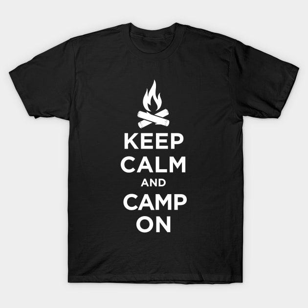 Black T-shirt with "Keep Calm and Camp On" slogan in white, casual outdoor style, perfect for camping enthusiasts.
