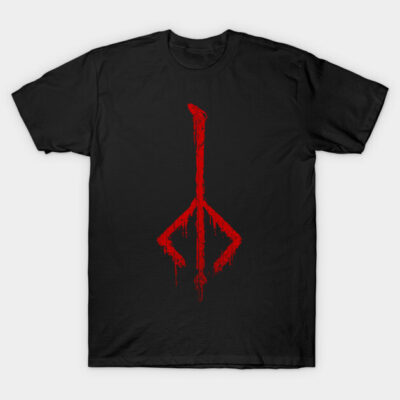 Black t-shirt with bold red abstract graphic design, casual unisex style, 100% cotton, ideal for everyday wear.