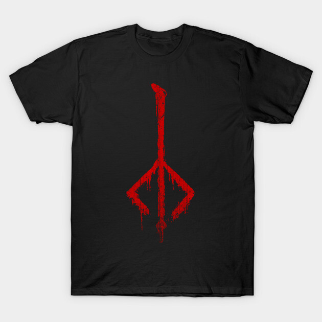 Black t-shirt with bold red abstract graphic design, casual unisex style, 100% cotton, ideal for everyday wear.