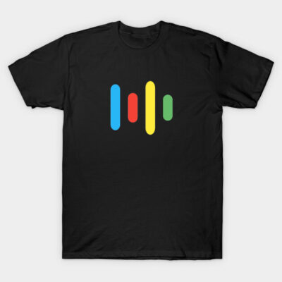 Black cotton t-shirt with colorful abstract design, featuring vertical stripes in blue, red, yellow, and green.