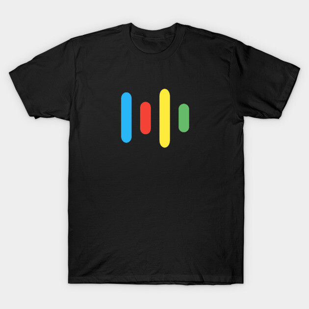 Black cotton t-shirt with colorful abstract design, featuring vertical stripes in blue, red, yellow, and green.
