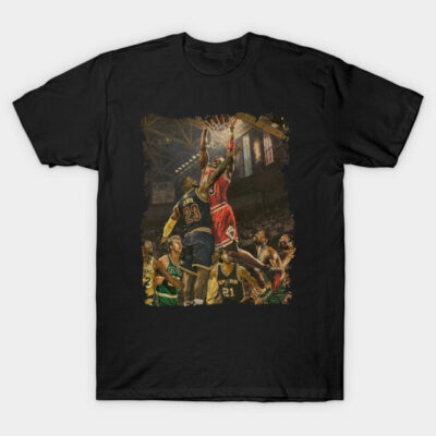 Black cotton t-shirt featuring basketball action graphic, perfect for sports fans and casual wear.