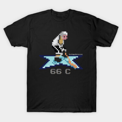 Black t-shirt with retro pixel hockey player graphic, featuring blue and orange accents. Casual sportswear style.