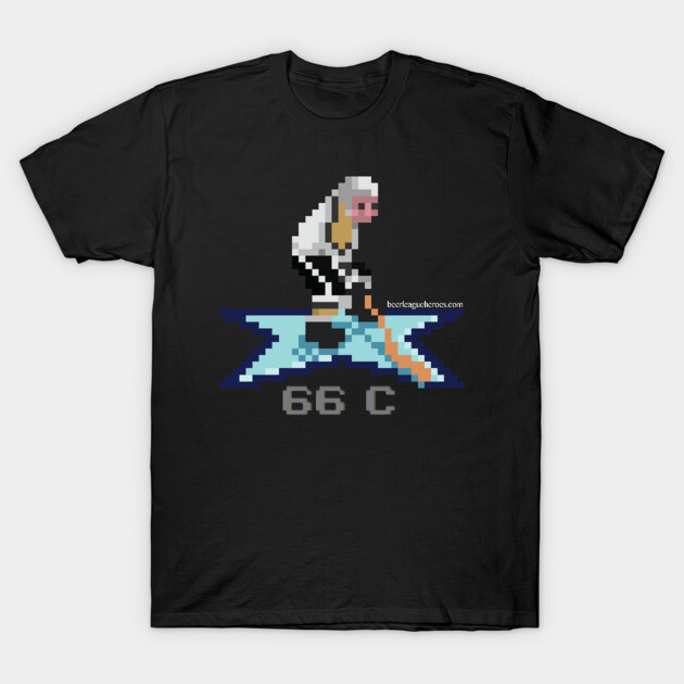 Black t-shirt with retro pixel hockey player graphic, featuring blue and orange accents. Casual sportswear style.
