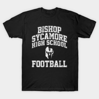 Black t-shirt with "Bishop Sycamore High School Football" text, bold white lettering, casual sportswear style.