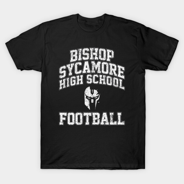 Black t-shirt with "Bishop Sycamore High School Football" text, bold white lettering, casual sportswear style.