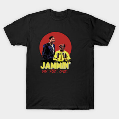 Black graphic T-shirt with "Jammin' on the One" print, retro music theme, casual style, short sleeve, cotton material.