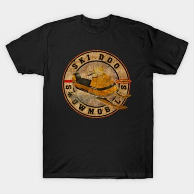 Black t-shirt featuring vintage snowmobile graphic and "Ski Doo Snowmobiles" text, ideal for casual wear.