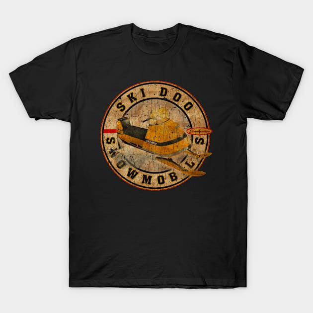 Black t-shirt featuring vintage snowmobile graphic and "Ski Doo Snowmobiles" text, ideal for casual wear.