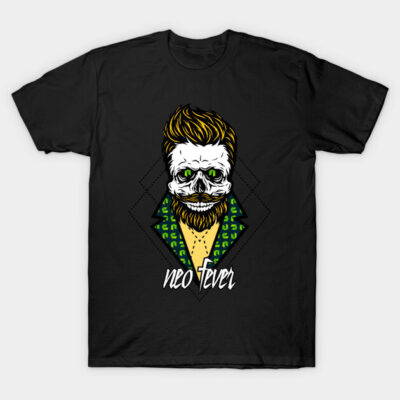 Black T-shirt with colorful skull graphic and "neo fever" text, ideal for casual wear.