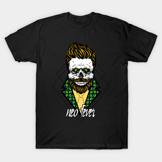 Black T-shirt with colorful skull graphic and "neo fever" text, ideal for casual wear.